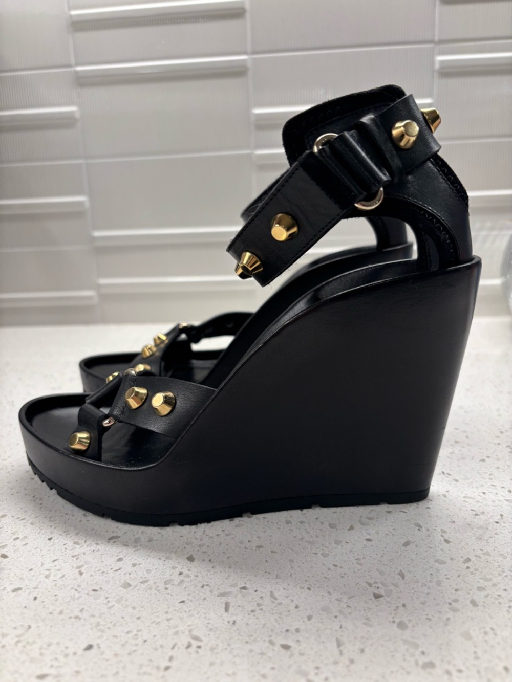 Balenciaga Black Leather Gold-Stud Platform Sandals - Picture 3 of 10